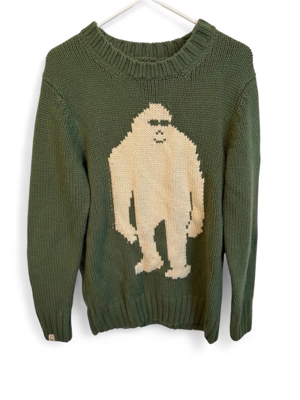 Men's Olive Green Crewneck Sweater with Cream Graphic Yeti